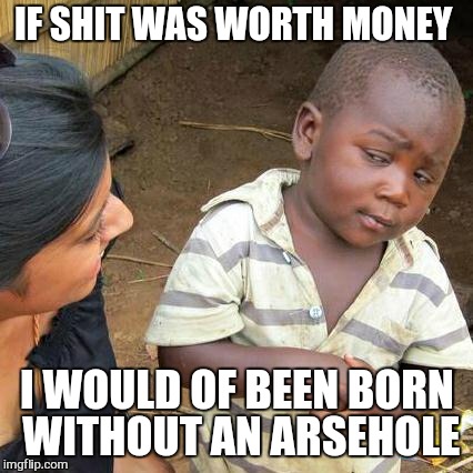 Third World Skeptical Kid Meme | IF SHIT WAS WORTH MONEY I WOULD OF BEEN BORN WITHOUT AN ARSEHOLE | image tagged in memes,third world skeptical kid | made w/ Imgflip meme maker