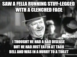 W. C. In Bar | SAW A FELLA RUNNING STIFF-LEGGED WITH A CLENCHED FACE; I THOUGHT HE HAD A BAD DISEASE BUT HE HAD JUST EATEN AT TACO BELL AND WAS IN A HURRY TO A TOILET | image tagged in w c in bar | made w/ Imgflip meme maker