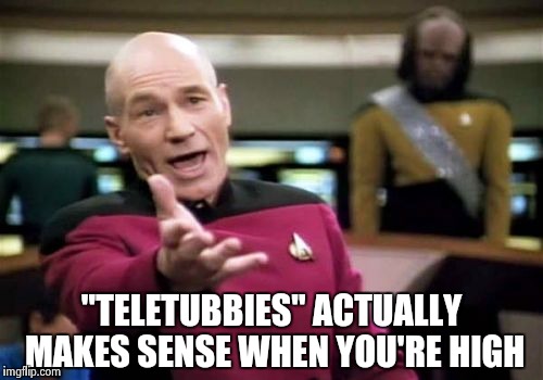 Picard Wtf Meme | "TELETUBBIES" ACTUALLY MAKES SENSE WHEN YOU'RE HIGH | image tagged in memes,picard wtf | made w/ Imgflip meme maker
