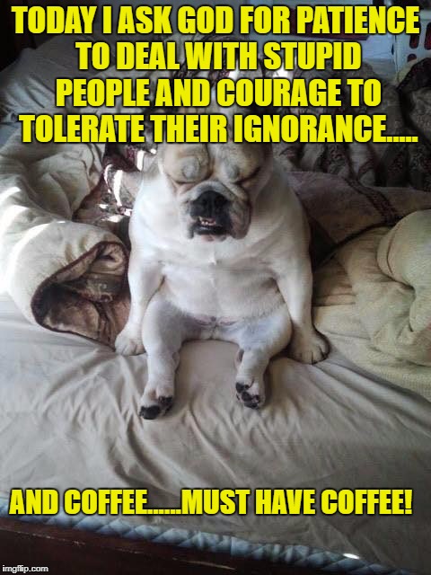 TODAY I ASK GOD FOR PATIENCE TO DEAL WITH STUPID PEOPLE AND COURAGE TO TOLERATE THEIR IGNORANCE..... AND COFFEE......MUST HAVE COFFEE! | image tagged in coffee,memes,funny memes,funny,waking up | made w/ Imgflip meme maker