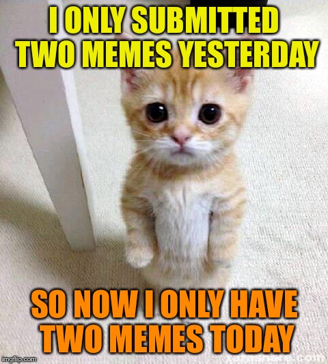And this is one of them.... | I ONLY SUBMITTED TWO MEMES YESTERDAY; SO NOW I ONLY HAVE TWO MEMES TODAY | image tagged in memes,cute cat,imgflip,submissions | made w/ Imgflip meme maker
