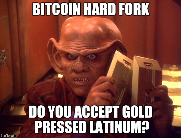 quark | BITCOIN HARD FORK; DO YOU ACCEPT GOLD PRESSED LATINUM? | image tagged in quark | made w/ Imgflip meme maker