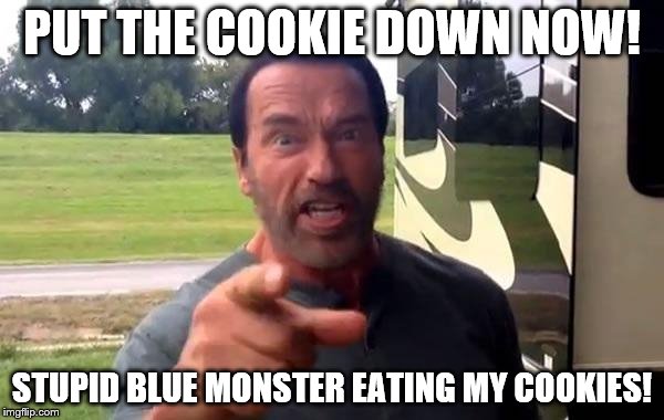 Put the cookie down, NOW!  Arnold warns Cookie Monster | PUT THE COOKIE DOWN NOW! STUPID BLUE MONSTER EATING MY COOKIES! | image tagged in arnold put the cookie down | made w/ Imgflip meme maker