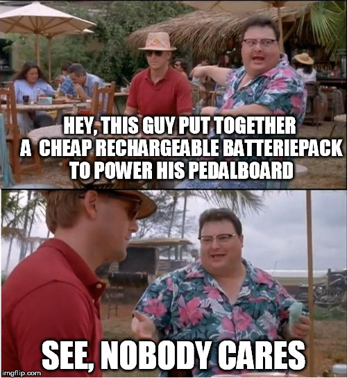 See Nobody Cares Meme | HEY, THIS GUY PUT TOGETHER A  CHEAP RECHARGEABLE BATTERIEPACK TO POWER HIS PEDALBOARD; SEE, NOBODY CARES | image tagged in memes,see nobody cares | made w/ Imgflip meme maker