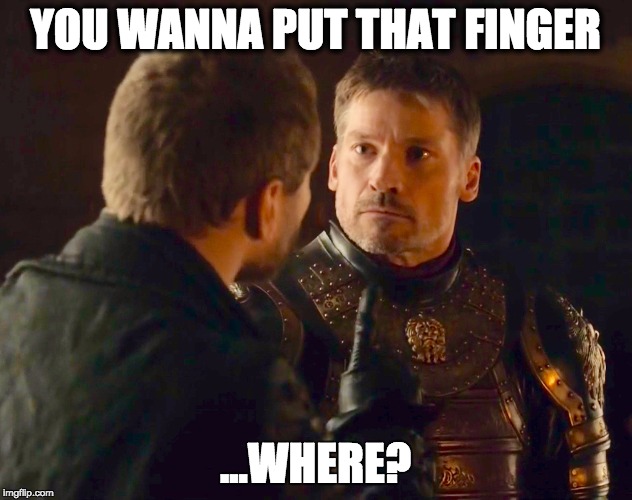 You wanna put that finger where? | YOU WANNA PUT THAT FINGER; ...WHERE? | image tagged in lannister,game of thrones | made w/ Imgflip meme maker