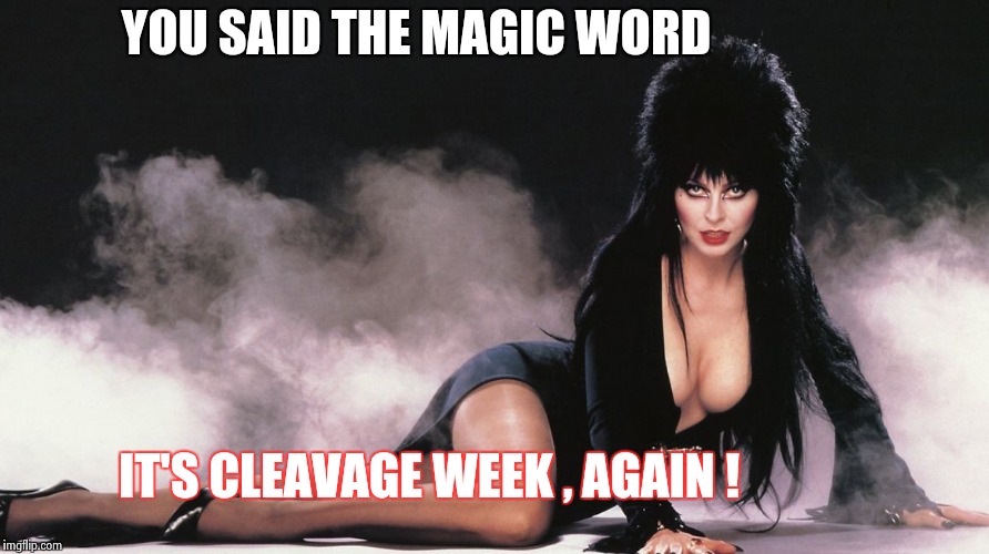 Elvira | YOU SAID THE MAGIC WORD IT'S CLEAVAGE WEEK , AGAIN ! | image tagged in elvira | made w/ Imgflip meme maker