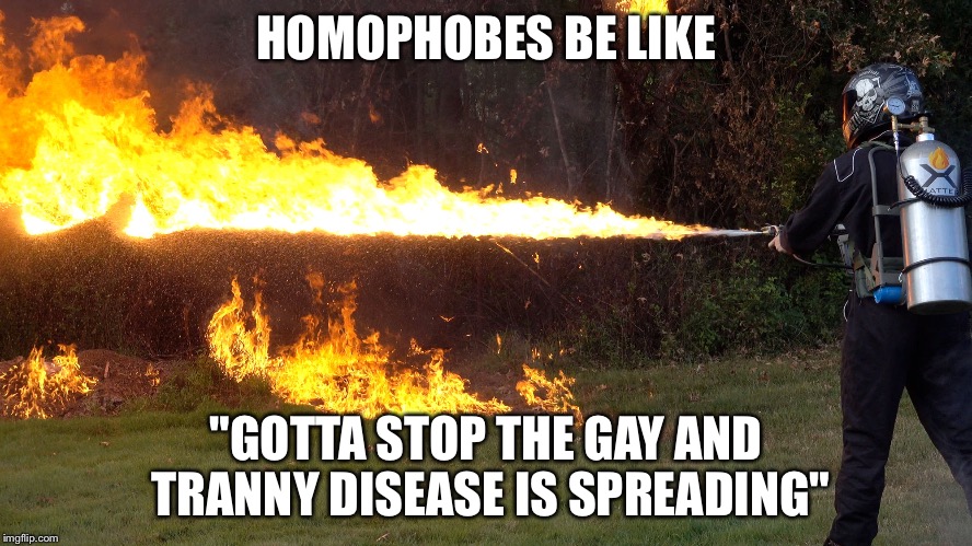 HOMOPHOBES BE LIKE; "GOTTA STOP THE GAY AND TRANNY DISEASE IS SPREADING" | image tagged in flamethrower man | made w/ Imgflip meme maker
