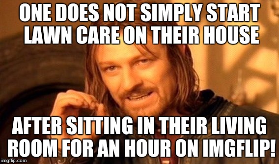 One Does Not Simply |  ONE DOES NOT SIMPLY START LAWN CARE ON THEIR HOUSE; AFTER SITTING IN THEIR LIVING ROOM FOR AN HOUR ON IMGFLIP! | image tagged in memes,one does not simply,lawn care | made w/ Imgflip meme maker