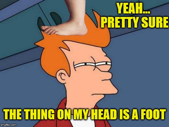 Futurama Fry Meme | YEAH... PRETTY SURE THE THING ON MY HEAD IS A FOOT | image tagged in memes,futurama fry | made w/ Imgflip meme maker