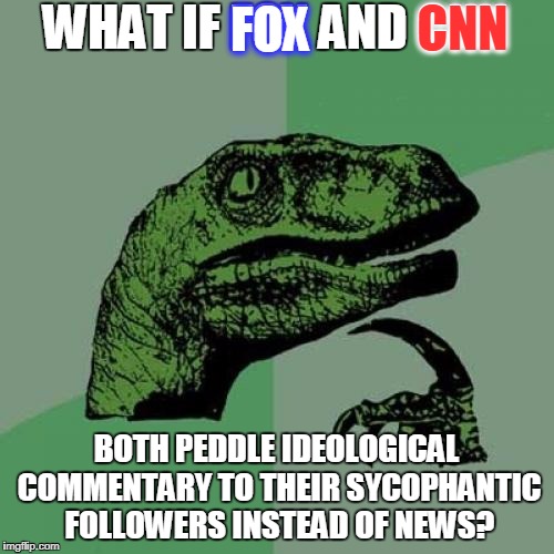 Philosoraptor Meme | FOX; CNN; WHAT IF FOX AND CNN; BOTH PEDDLE IDEOLOGICAL COMMENTARY TO THEIR SYCOPHANTIC FOLLOWERS INSTEAD OF NEWS? | image tagged in memes,philosoraptor,fox news,cnn,fake news | made w/ Imgflip meme maker