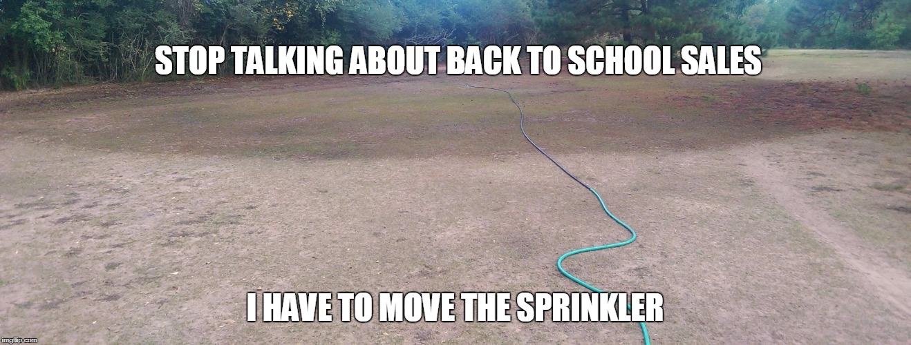 back to school in middle of the summer | STOP TALKING ABOUT BACK TO SCHOOL SALES; I HAVE TO MOVE THE SPRINKLER | image tagged in back to school | made w/ Imgflip meme maker