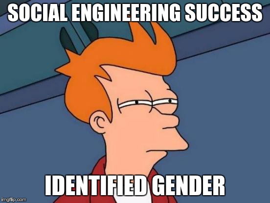 Futurama Fry Meme | SOCIAL ENGINEERING SUCCESS IDENTIFIED GENDER | image tagged in memes,futurama fry | made w/ Imgflip meme maker