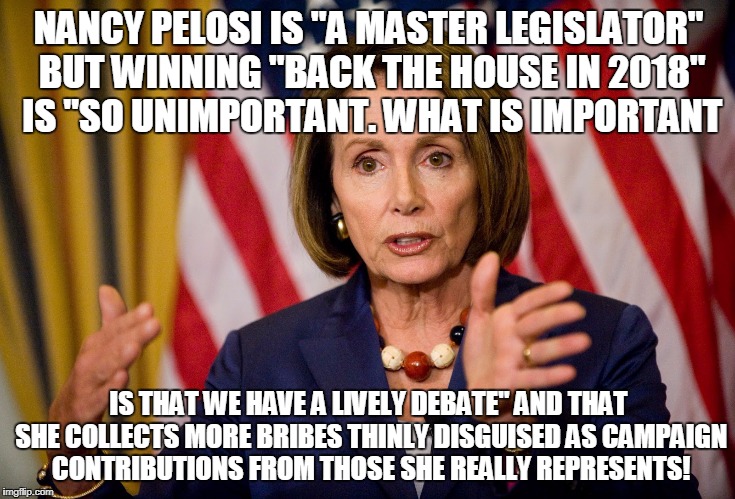Nancy Pelosi "We need to pass the ACA to find out what's in it" | NANCY PELOSI IS "A MASTER LEGISLATOR" BUT WINNING "BACK THE HOUSE IN 2018" IS "SO UNIMPORTANT. WHAT IS IMPORTANT; IS THAT WE HAVE A LIVELY DEBATE" AND THAT SHE COLLECTS MORE BRIBES THINLY DISGUISED AS CAMPAIGN CONTRIBUTIONS FROM THOSE SHE REALLY REPRESENTS! | image tagged in nancy pelosi we need to pass the aca to find out what's in it | made w/ Imgflip meme maker