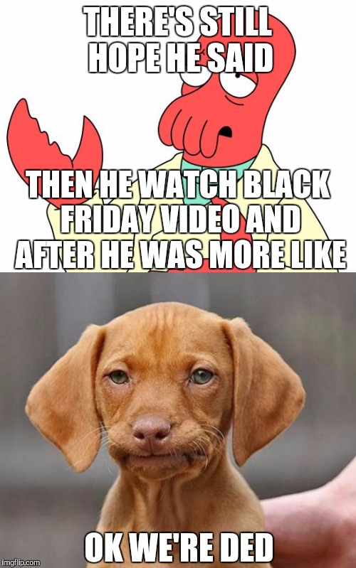 I know that's à bad use of zoïdberg meme, don't kill...please... | THERE'S STILL HOPE HE SAID; THEN HE WATCH BLACK FRIDAY VIDEO AND AFTER HE WAS MORE LIKE; OK WE'RE DED | image tagged in society,black friday,memes | made w/ Imgflip meme maker