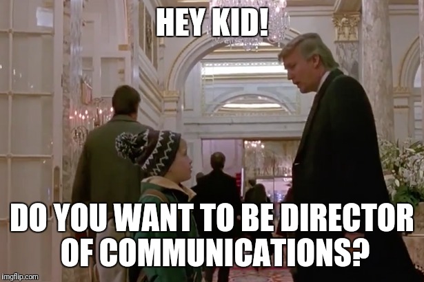 It's all going swimmingly well | HEY KID! DO YOU WANT TO BE DIRECTOR OF COMMUNICATIONS? | image tagged in donald trump you're fired,president trump | made w/ Imgflip meme maker