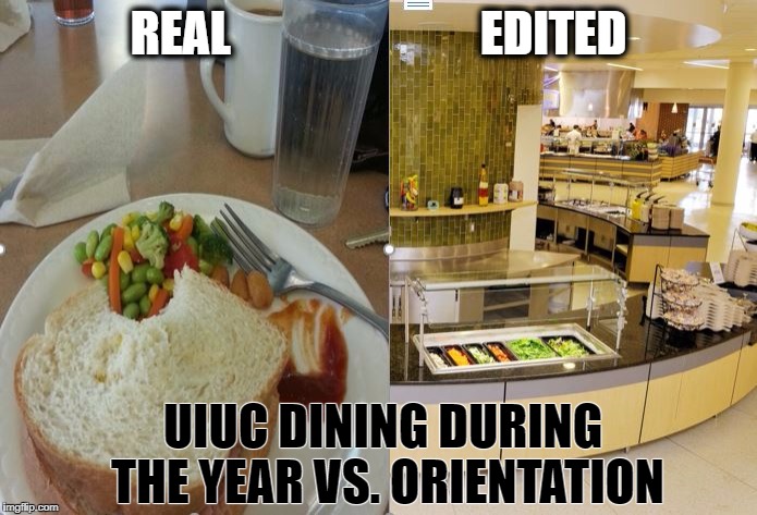 REAL                          EDITED; UIUC DINING DURING THE YEAR VS. ORIENTATION | made w/ Imgflip meme maker