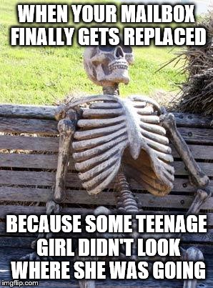 Waiting Skeleton | WHEN YOUR MAILBOX FINALLY GETS REPLACED; BECAUSE SOME TEENAGE GIRL DIDN'T LOOK WHERE SHE WAS GOING | image tagged in memes,waiting skeleton | made w/ Imgflip meme maker