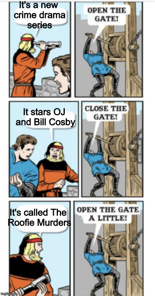 Open the gate | It's a new crime drama series It's called The Roofie Murders It stars OJ and Bill Cosby | image tagged in open the gate | made w/ Imgflip meme maker