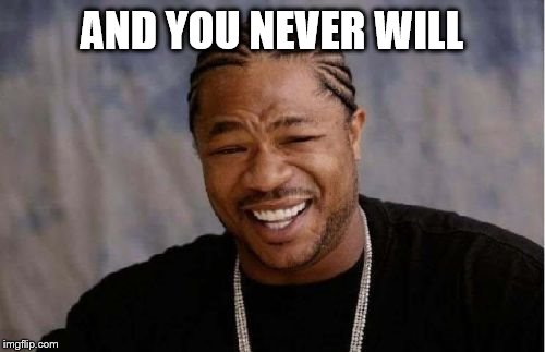 Yo Dawg Heard You Meme | AND YOU NEVER WILL | image tagged in memes,yo dawg heard you | made w/ Imgflip meme maker