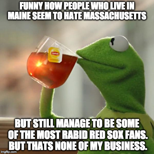 But That's None Of My Business Meme | FUNNY HOW PEOPLE WHO LIVE IN MAINE SEEM TO HATE MASSACHUSETTS; BUT STILL MANAGE TO BE SOME OF THE MOST RABID RED SOX FANS.  
BUT THATS NONE OF MY BUSINESS. | image tagged in memes,but thats none of my business,kermit the frog | made w/ Imgflip meme maker