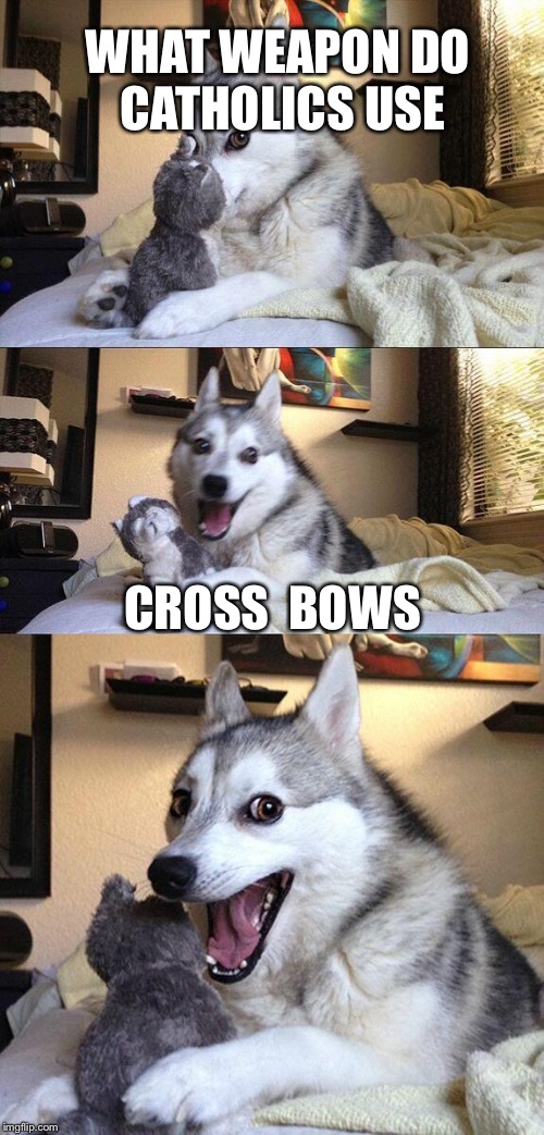 Bad Pun Dog Meme | WHAT WEAPON DO CATHOLICS USE; CROSS  BOWS | image tagged in memes,bad pun dog | made w/ Imgflip meme maker