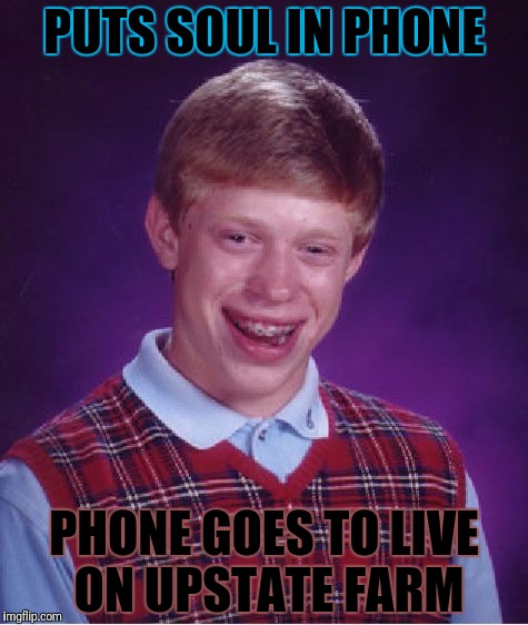 Bad Luck Brian Meme | PUTS SOUL IN PHONE PHONE GOES TO LIVE ON UPSTATE FARM | image tagged in memes,bad luck brian | made w/ Imgflip meme maker