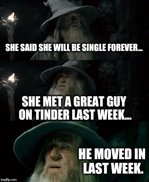 Confused Gandalf | SHE SAID SHE WILL BE SINGLE FOREVER... SHE MET A GREAT GUY ON TINDER LAST WEEK... HE MOVED IN LAST WEEK. | image tagged in memes,confused gandalf | made w/ Imgflip meme maker