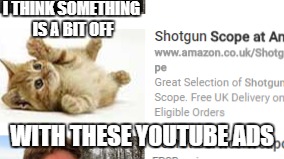 I THINK SOMETHING IS A BIT OFF; WITH THESE YOUTUBE ADS | image tagged in kitten,cat,gun,ad,youtube | made w/ Imgflip meme maker