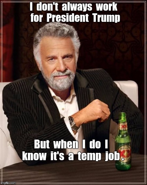 Most Interesting Man Working for Trump | I  don't  always  work  for  President  Trump; But  when  I  do  I  know  it's  a  temp  job . | image tagged in memes,the most interesting man in the world,donald trump | made w/ Imgflip meme maker