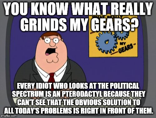 Extreme Center | YOU KNOW WHAT REALLY GRINDS MY GEARS? EVERY IDIOT WHO LOOKS AT THE POLITICAL SPECTRUM IS AN PTERODACTYL BECAUSE THEY CAN'T SEE THAT THE OBVIOUS SOLUTION TO ALL TODAY'S PROBLEMS IS RIGHT IN FRONT OF THEM. | image tagged in memes,peter griffin news,political meme,you know what really grinds my gears | made w/ Imgflip meme maker