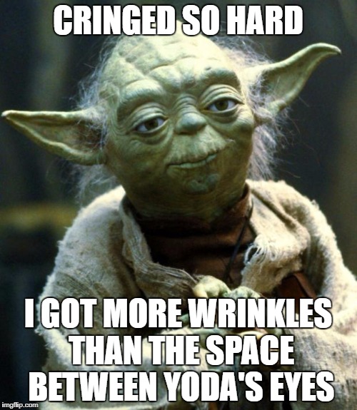 Star Wars Yoda Meme | CRINGED SO HARD I GOT MORE WRINKLES THAN THE SPACE BETWEEN YODA'S EYES | image tagged in memes,star wars yoda | made w/ Imgflip meme maker