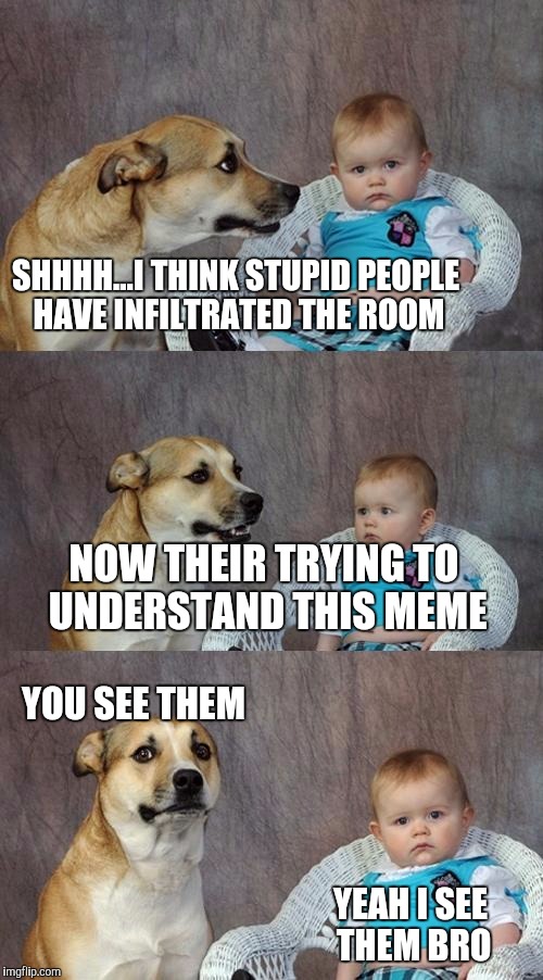 Dad Joke Dog Meme | SHHHH...I THINK STUPID PEOPLE HAVE INFILTRATED THE ROOM; NOW THEIR TRYING TO UNDERSTAND THIS MEME; YOU SEE THEM; YEAH I SEE THEM BRO | image tagged in memes,dad joke dog | made w/ Imgflip meme maker