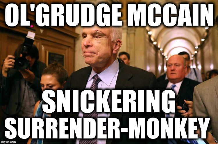 Ol' Grudge MCain | OL'GRUDGE MCCAIN; SNICKERING; SURRENDER-MONKEY | image tagged in zombie mccain,mccain traitor,mccain surrender-monkey,sell-out mccain | made w/ Imgflip meme maker