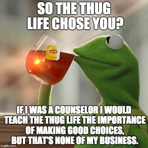 Remember the thug life days? | SO THE THUG LIFE CHOSE YOU? IF I WAS A COUNSELOR I WOULD TEACH THE THUG LIFE THE IMPORTANCE OF MAKING GOOD CHOICES, BUT THAT'S NONE OF MY BUSINESS. | image tagged in memes,but thats none of my business,kermit the frog,thug life,choices | made w/ Imgflip meme maker