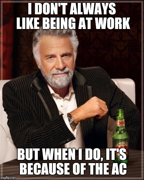 The Most Interesting Man In The World Meme | I DON'T ALWAYS LIKE BEING AT WORK; BUT WHEN I DO, IT'S BECAUSE OF THE AC | image tagged in memes,the most interesting man in the world | made w/ Imgflip meme maker