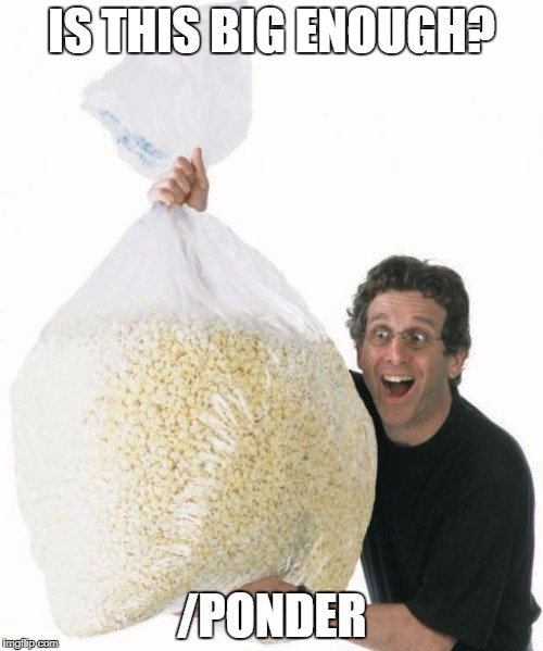 popcorn | IS THIS BIG ENOUGH? /PONDER | image tagged in popcorn | made w/ Imgflip meme maker