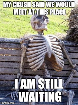 I am still waiting for my crush.... | MY CRUSH SAID WE WOULD MEET AT THIS PLACE; I AM STILL WAITING | image tagged in memes,waiting skeleton | made w/ Imgflip meme maker