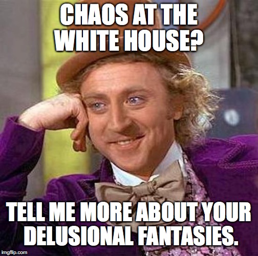 Chaos implies something is broken. So tell me what is not working. If you can't, no chaos. | CHAOS AT THE WHITE HOUSE? TELL ME MORE ABOUT YOUR DELUSIONAL FANTASIES. | image tagged in 2017,white house,president trump,chaos,fantasy,delusion | made w/ Imgflip meme maker