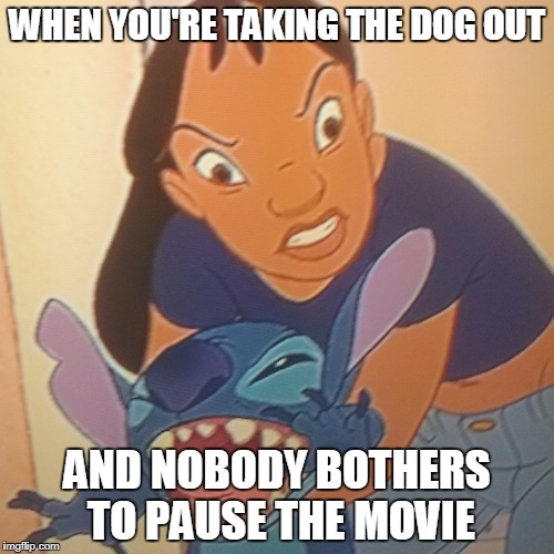 Evil Nani | WHEN YOU'RE TAKING THE DOG OUT; AND NOBODY BOTHERS TO PAUSE THE MOVIE | image tagged in evil nani | made w/ Imgflip meme maker