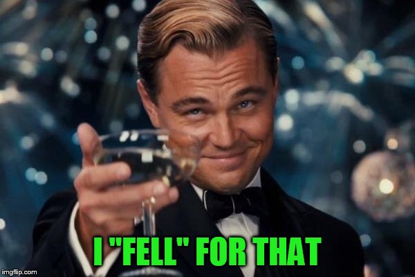 Leonardo Dicaprio Cheers Meme | I ''FELL'' FOR THAT | image tagged in memes,leonardo dicaprio cheers | made w/ Imgflip meme maker