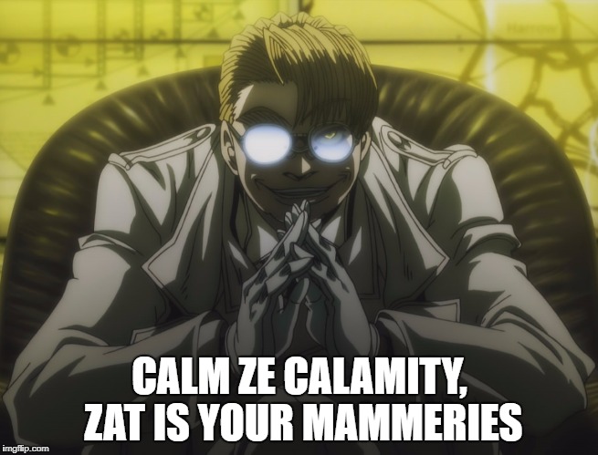 Calm ze calamity, zat is your mammeries. | CALM ZE CALAMITY, ZAT IS YOUR MAMMERIES | image tagged in calm down,hellsing,hellsing abridged,funny,reaction,memes | made w/ Imgflip meme maker