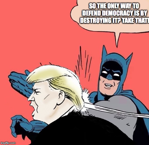 Trump is destroying democracy | SO THE ONLY WAY TO DEFEND DEMOCRACY IS BY DESTROYING IT? TAKE THAT! | image tagged in batman slaps trump,trump,batman,democracy,destroying democracy,alt right | made w/ Imgflip meme maker