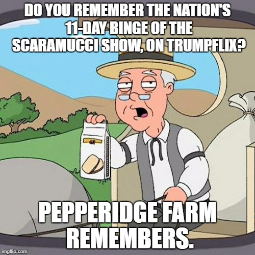 Pepperidge Farm Remembers | DO YOU REMEMBER THE NATION'S 11-DAY BINGE OF THE SCARAMUCCI SHOW, ON TRUMPFLIX? PEPPERIDGE FARM REMEMBERS. | image tagged in memes,pepperidge farm remembers | made w/ Imgflip meme maker