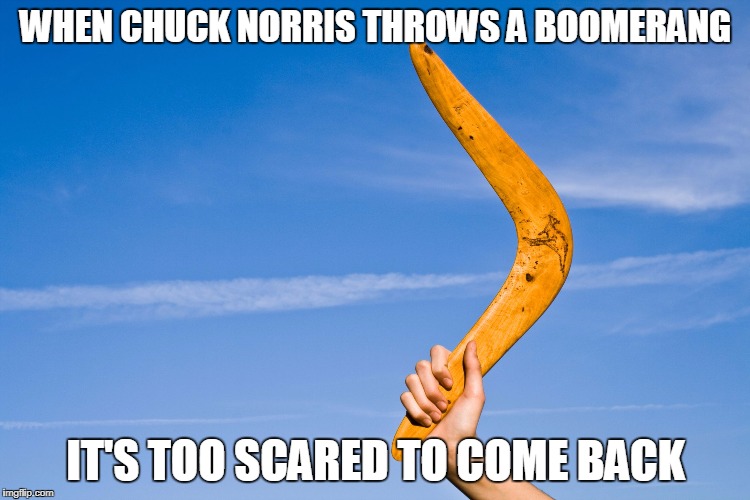 Chuck Norris boomerang | WHEN CHUCK NORRIS THROWS A BOOMERANG; IT'S TOO SCARED TO COME BACK | image tagged in boomerang,chuck norris,memes | made w/ Imgflip meme maker