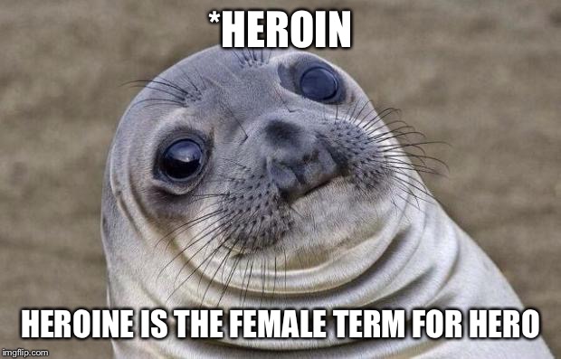 Awkward Moment Sealion Meme | *HEROIN HEROINE IS THE FEMALE TERM FOR HERO | image tagged in memes,awkward moment sealion | made w/ Imgflip meme maker