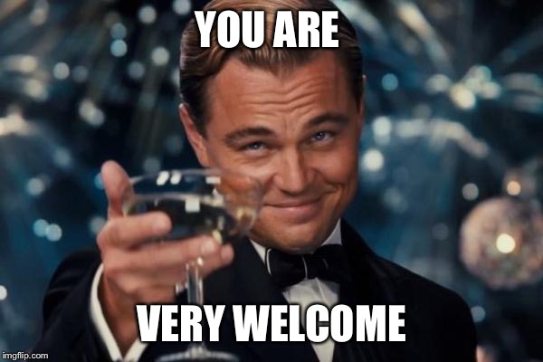 Leonardo Dicaprio Cheers Meme | YOU ARE VERY WELCOME | image tagged in memes,leonardo dicaprio cheers | made w/ Imgflip meme maker