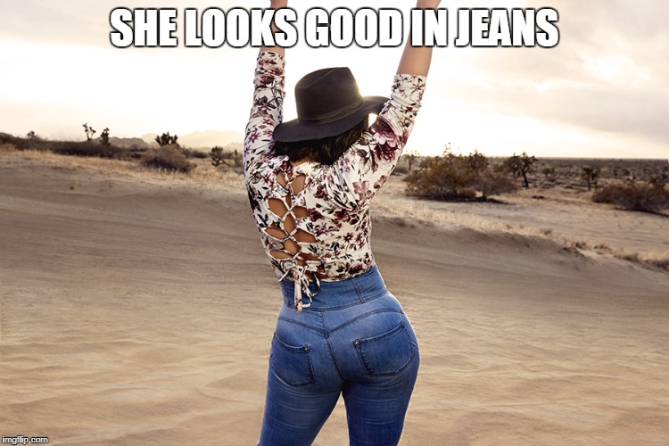 Denise bidot meme 2 | SHE LOOKS GOOD IN JEANS | image tagged in memes,jeans | made w/ Imgflip meme maker