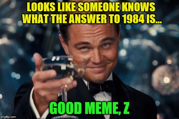 Leonardo Dicaprio Cheers Meme | LOOKS LIKE SOMEONE KNOWS WHAT THE ANSWER TO 1984 IS... GOOD MEME, Z | image tagged in memes,leonardo dicaprio cheers | made w/ Imgflip meme maker