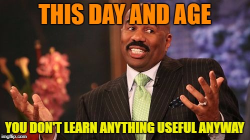 Steve Harvey Meme | THIS DAY AND AGE YOU DON'T LEARN ANYTHING USEFUL ANYWAY | image tagged in memes,steve harvey | made w/ Imgflip meme maker