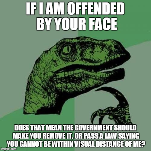 Political correctness. When the wants of the few outweigh the needs of the many  | IF I AM OFFENDED BY YOUR FACE; DOES THAT MEAN THE GOVERNMENT SHOULD MAKE YOU REMOVE IT, OR PASS A LAW SAYING YOU CANNOT BE WITHIN VISUAL DISTANCE OF ME? | image tagged in memes,philosoraptor,political meme,political correctness | made w/ Imgflip meme maker